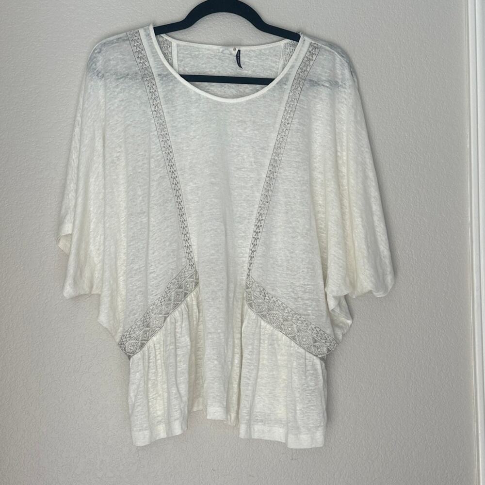 Anthropologie Akemi‎ and Kim Ivory 100% linen Boho Chic Top, Metallic trim, M